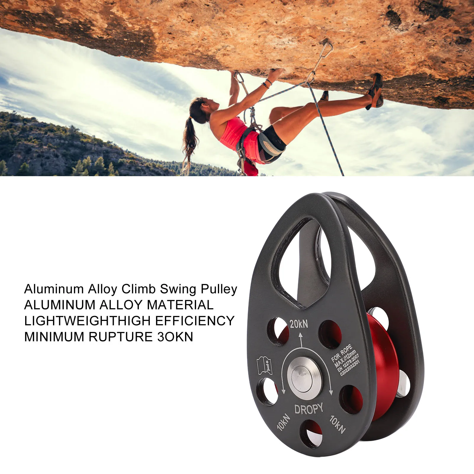 Rock Climbing Pulley Rock Climbing Pulley Aluminum Alloy 20KN Lightweight Portable Heavy Duty Single Fixed Swing Pulley