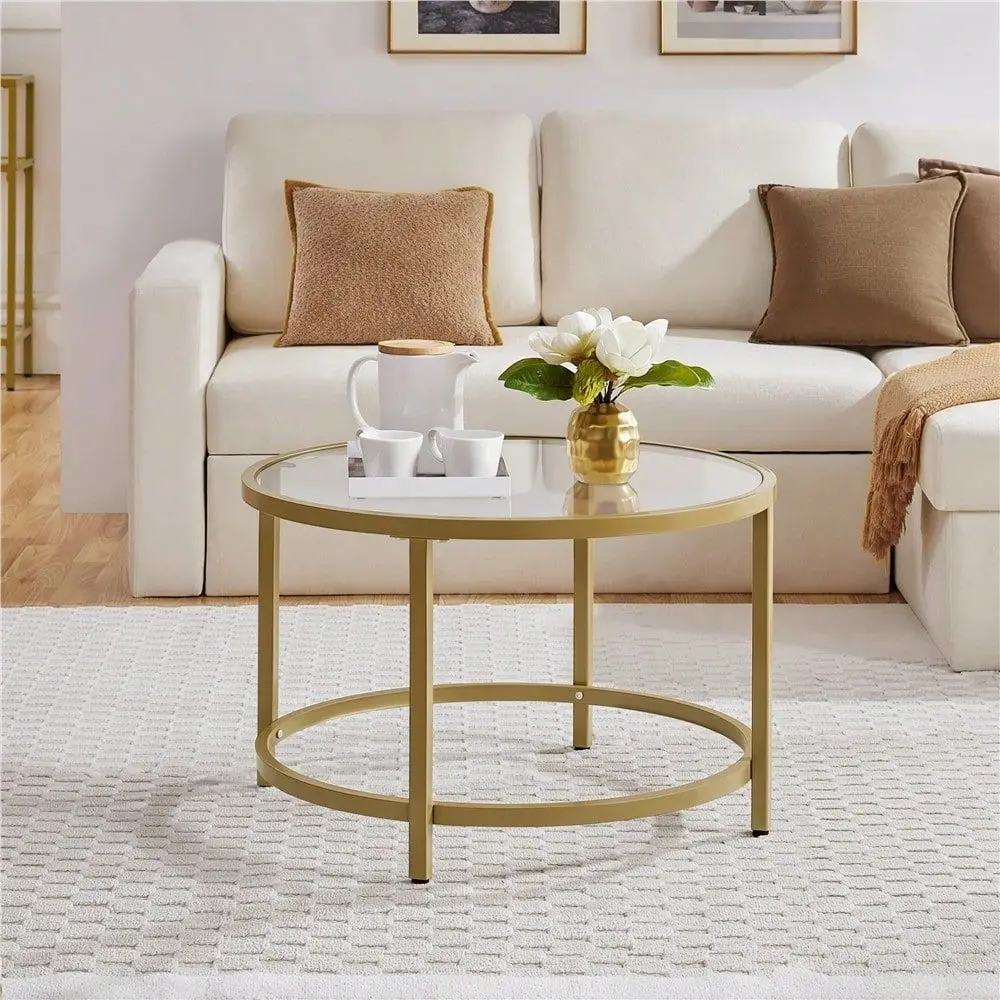 

1PC Modern Round Coffee End Table 28 Tempered Glass Top HeavyDuty Iron Frame, chResistant Easy To Clean With Adjustable Fl