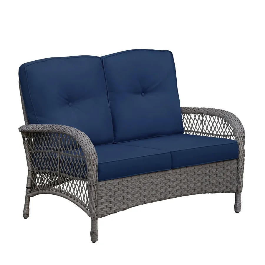 

Уличный плетеный диван-софа на 2 места из ротанга с водостойкими темно-синими подушками, устойчивыми к УФ-излучению, ручной работы