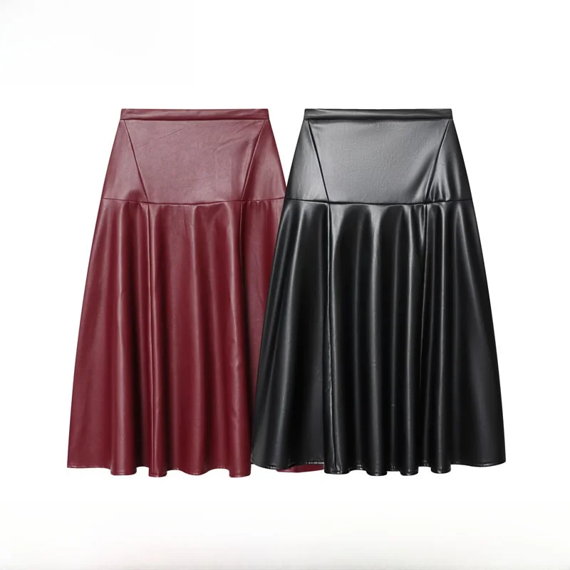 

Faionable Street Sle Midi Skirt Women's Autumn Winter New Arrival Leather Simulation High Waist A-Line Skirt Ci Commute