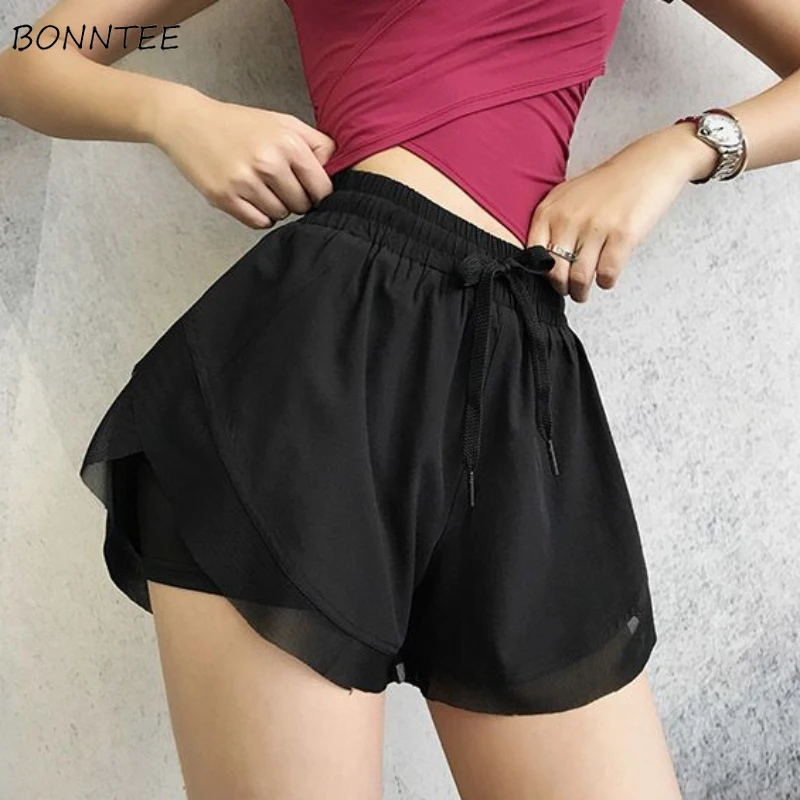 Shorts Women Summer Girls Korean Fashion All-match Breathable Leisure Designed Elastic Wais Solid Simple Mesh Patchwork Trendy