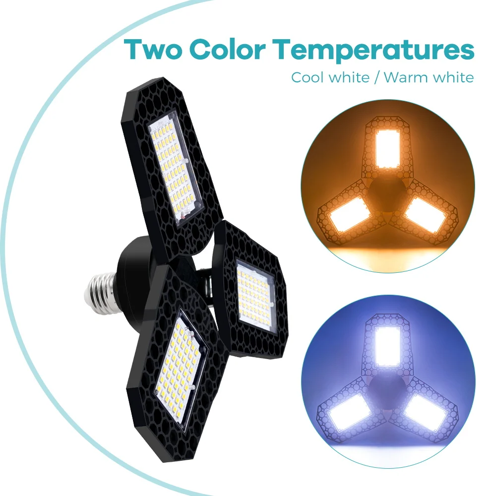 80W LED Workshop Ceiling Lamp Bulb E27/E26 Deformable Garage Light 100-277V Spotlights Warehouse Basement Large Area Lighting