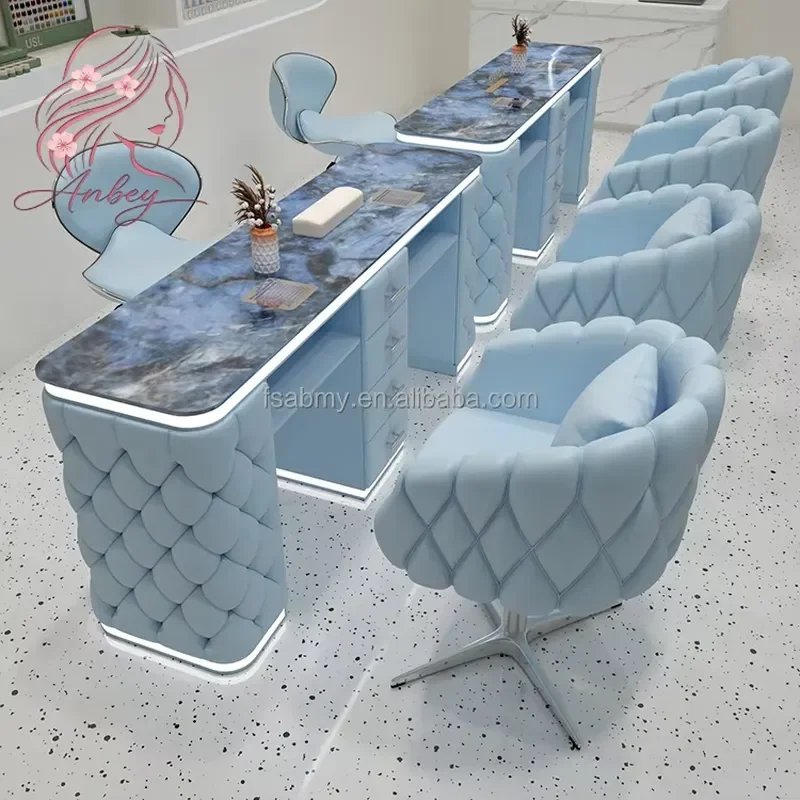 Deluxe Tufted Synthetic Leather Manicure Table Set Tempered Glass Top Salon Workbench Beauty Nail Desk
