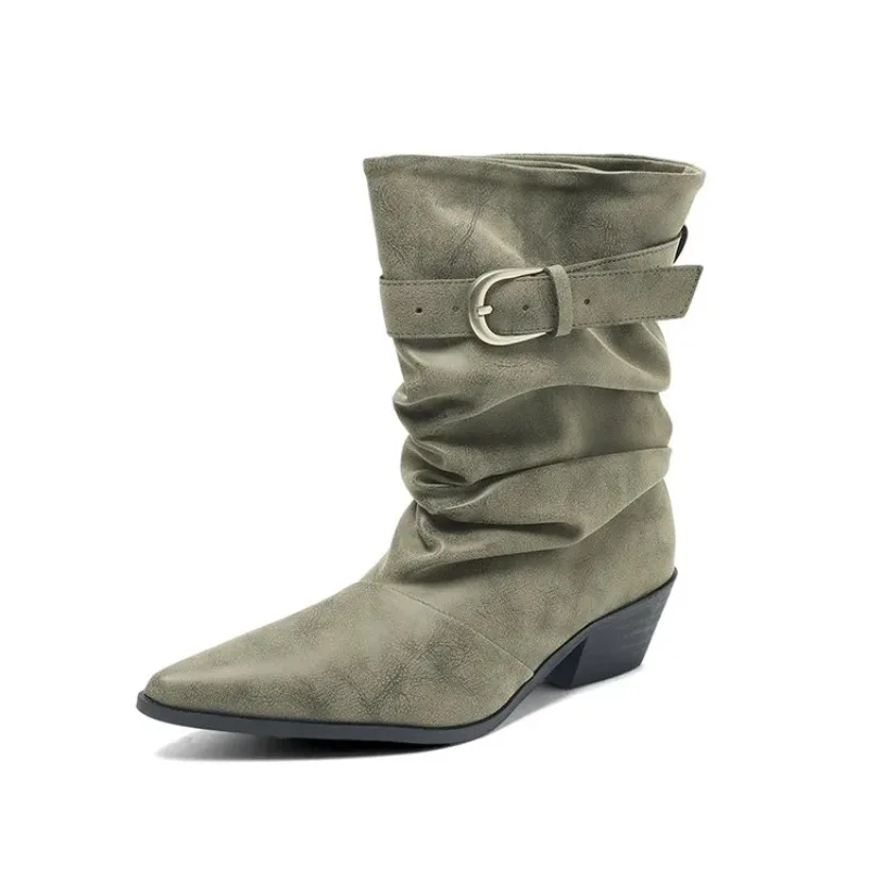 Women's Mid‑Calf Slouchy Boots Pointed Toe Low Block Heel Belt Buckle Faux Leather Retro Slip‑On Autumn Winter Ladies Footwear