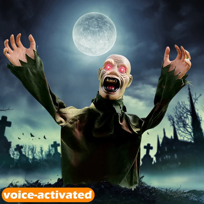 

Halloween Swing Ghost Voice Control Decorative Scary Halloween Props Zombie LED Eyes Spooky Sound Party Outside Garden Graveyard