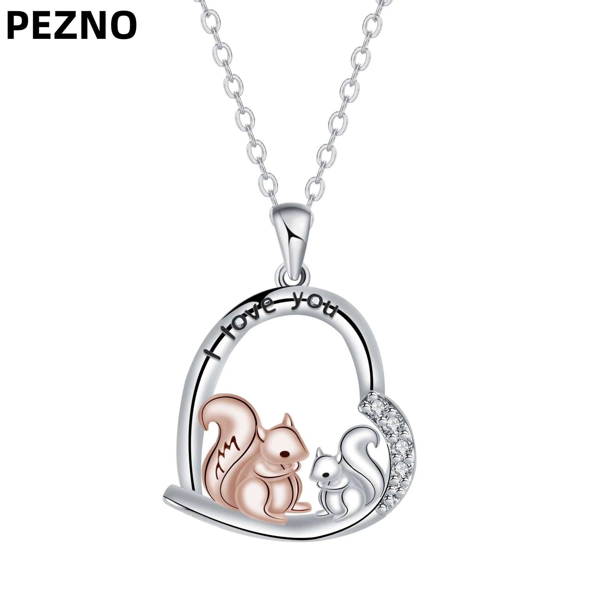 PEZNO Two Tone Squirrel Heart Pendant Necklace Stainless Steel Chain with Cubic Zirconia 