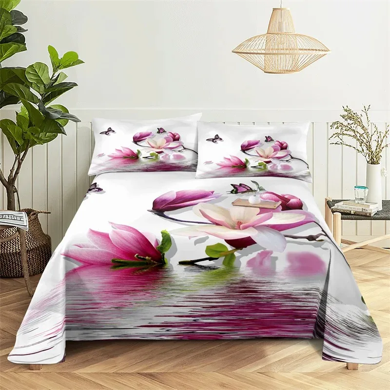 Beautiful Flower Digital Printing Polyester Bed Flat Sheet With Pillowcase Print Bedding Set