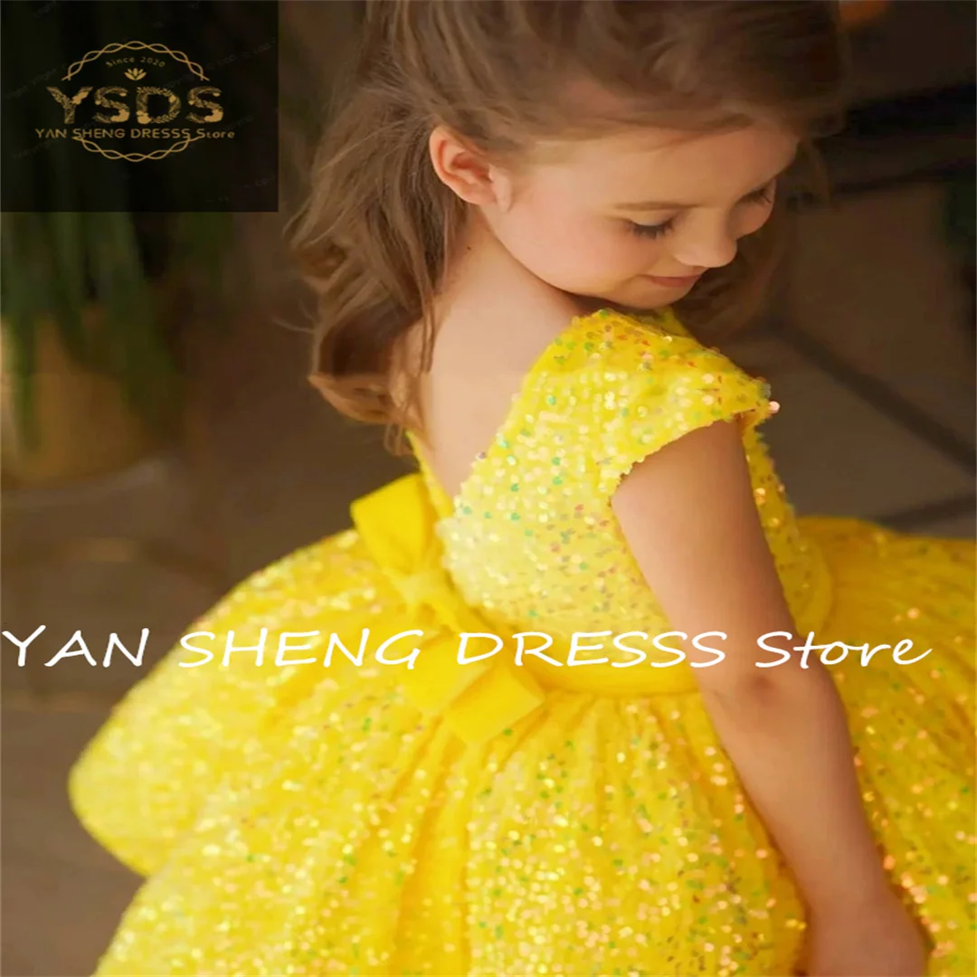 Yellow Short Child Flower Girl Dress Sequin Kids for Wedding Party First Communion Gown Cap Sleeve Ceremonial Dress Ball Gown