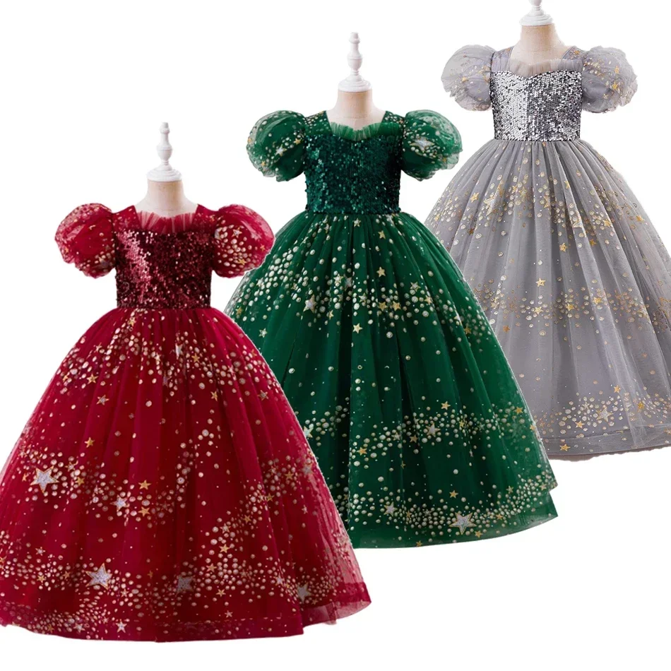 4 - 12 Years Little Girls' Sequined Christmas Dress with Puff Sleeves - Perfect for Birthday, Party & Graduation Ceremony ASQ03