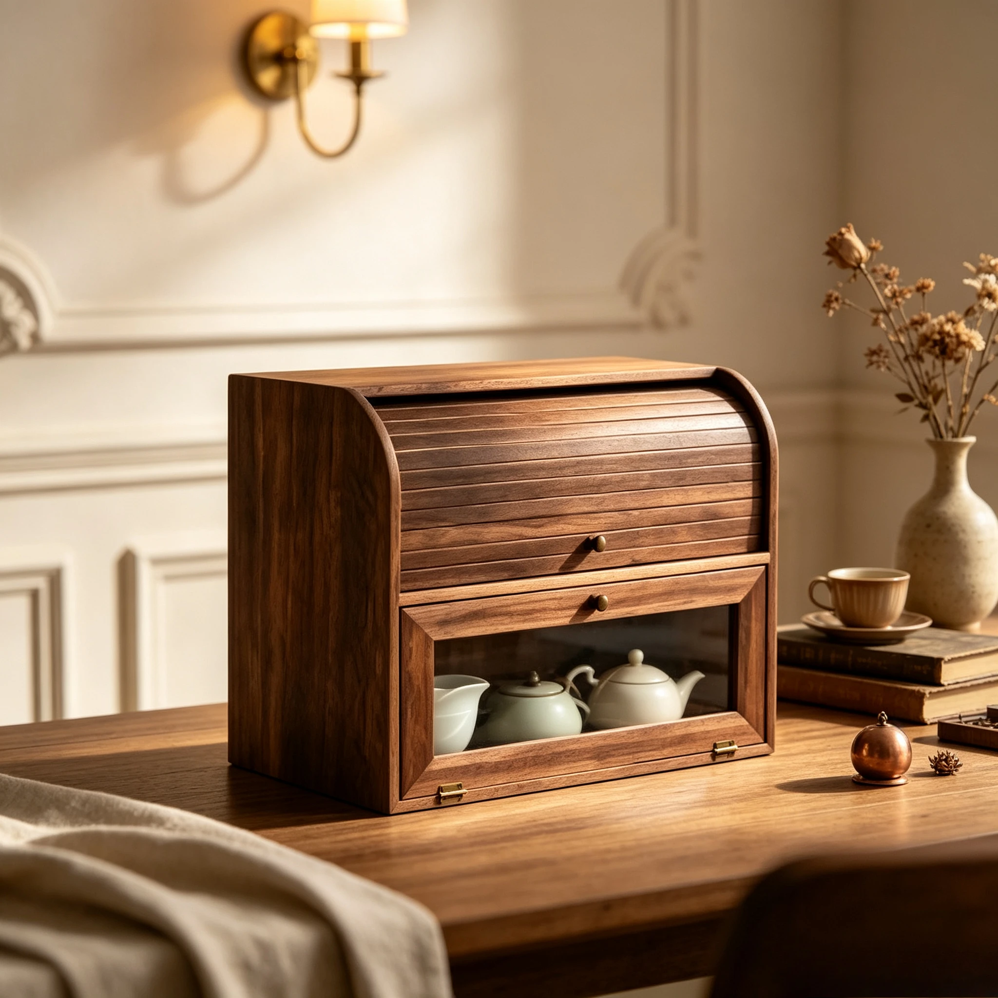 Paullownia Wood Tea Ware Cabinet, Desk Drawer Organizer Box, Makeup Jewelry Storage Shelf, Dust Proof Display Tea Cup Stand