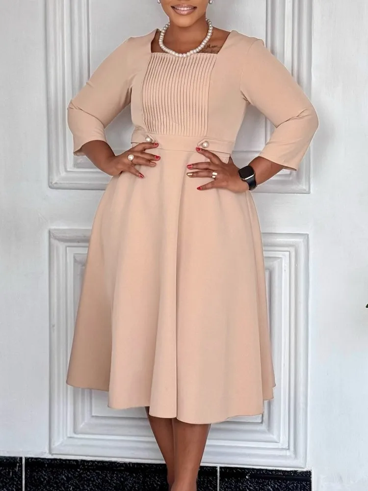 

African Dresses For Women Elegant Spring Autumn 3/4 Sleeve Dashiki Midi Dress Ladies Traditional African Clothing Fairy Dreaes