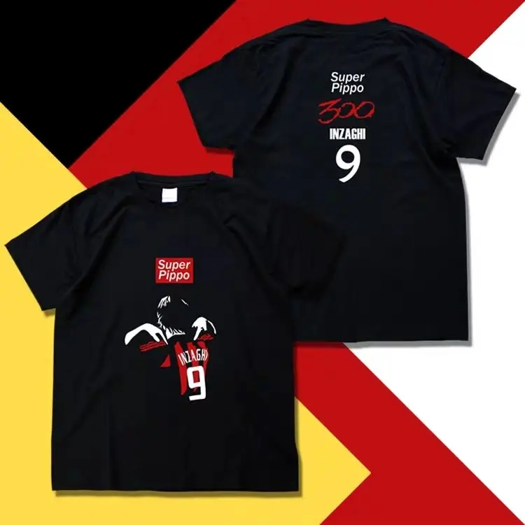 Camiseta Inzaghi AC Milan No. 9 Top de manga corta deportivo informal holgado de talla grande con cuello redondo de algodón negro de fútbol italiano Y2K