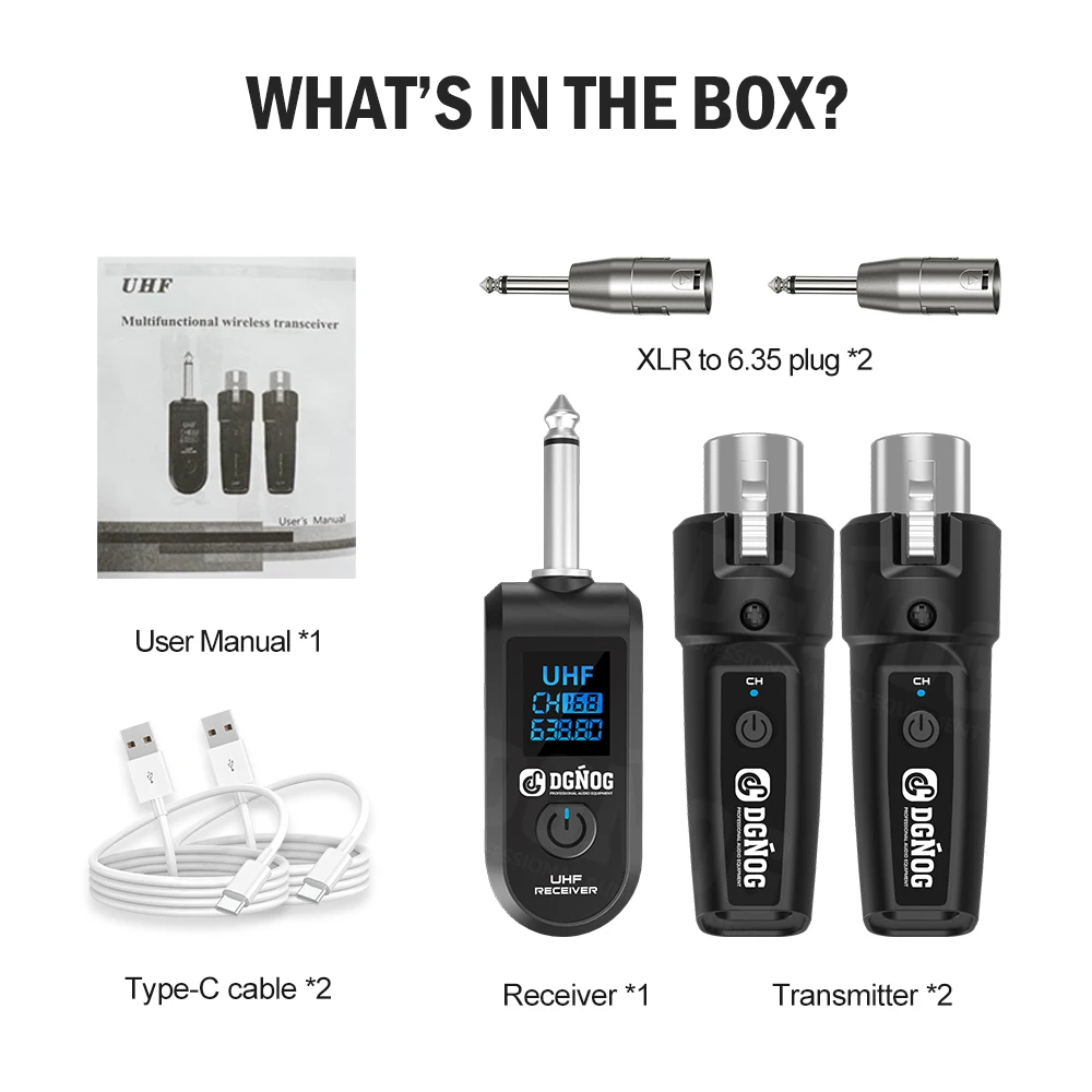 DGNOG Wireless Microphone System 2.4GHz Wireless XLR Transmitter and Receiver for Dynamic Microphone Audio Mixer PA System