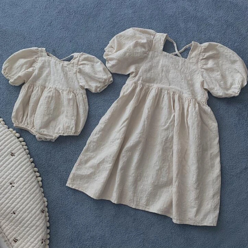 0-6Yrs Sister Matching Outfit Baby Romper Princess Dresses Baby Girls Clothes Short Sleeved Beige Flower Embroidery Girl Dress
