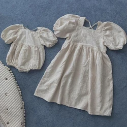 0-6Yrs Sister Matching Outfit  Baby Romper Princess Dresses Baby Girls Clothes Short Sleeved Beige Flower Embroidery Girl Dress