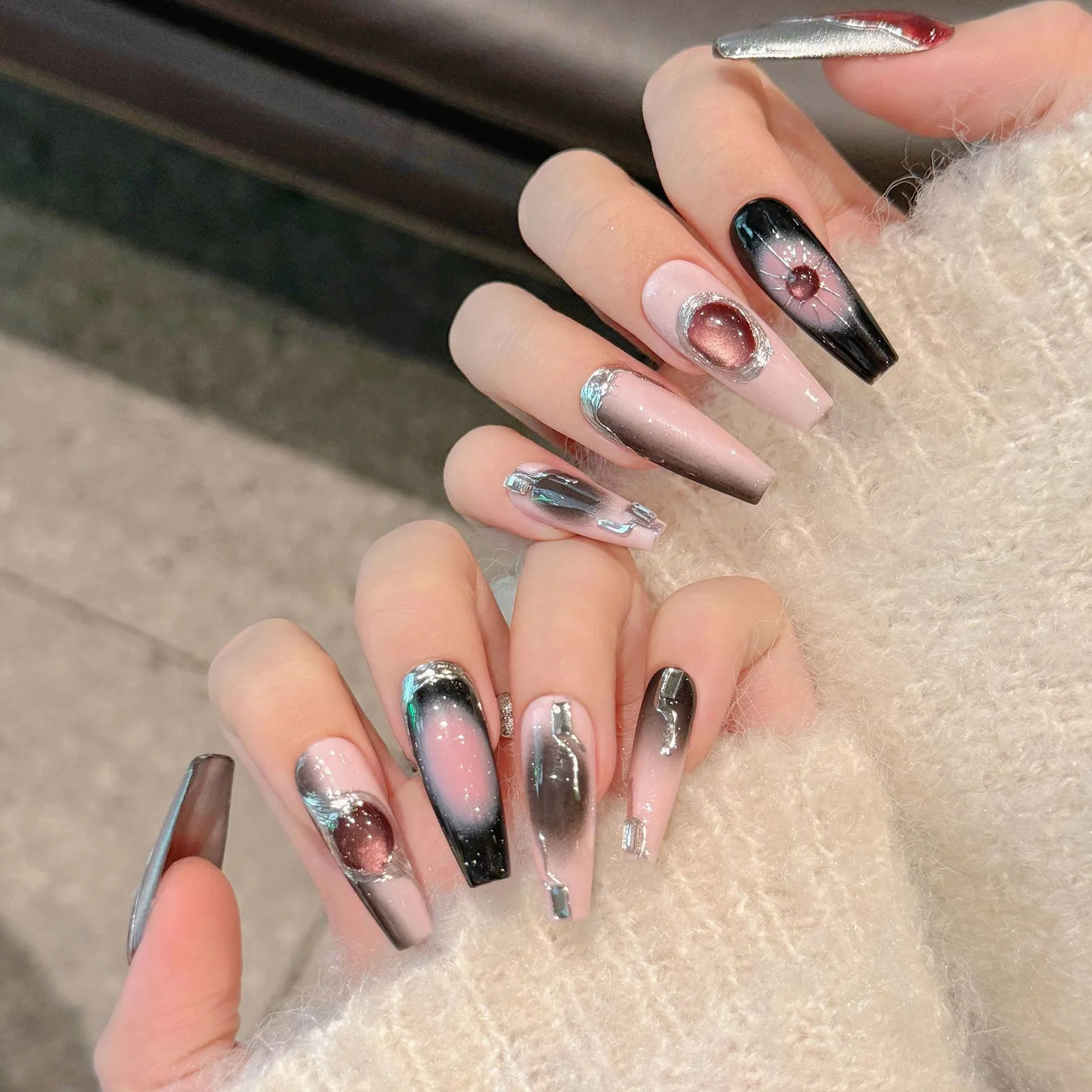 10 Stück lange Leiter Rose Galaxy Schwarz Rosa Süße coole DIY Falsche Nägel für Frauen Drücken Sie auf die Nägel Künstliche Nägel Party Hochzeit Dekor