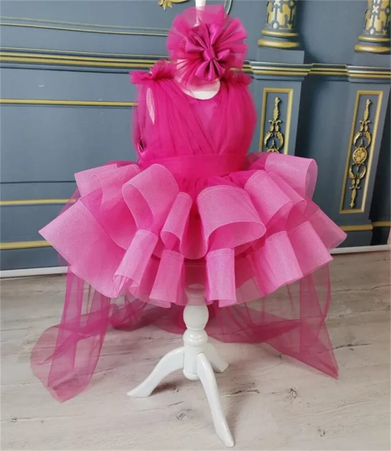 Fuchsia Fluffy Baby Girl Dress with Long Detachable Train Little Princess Birthday Gown Flower Girl Dress Child 12M-14T