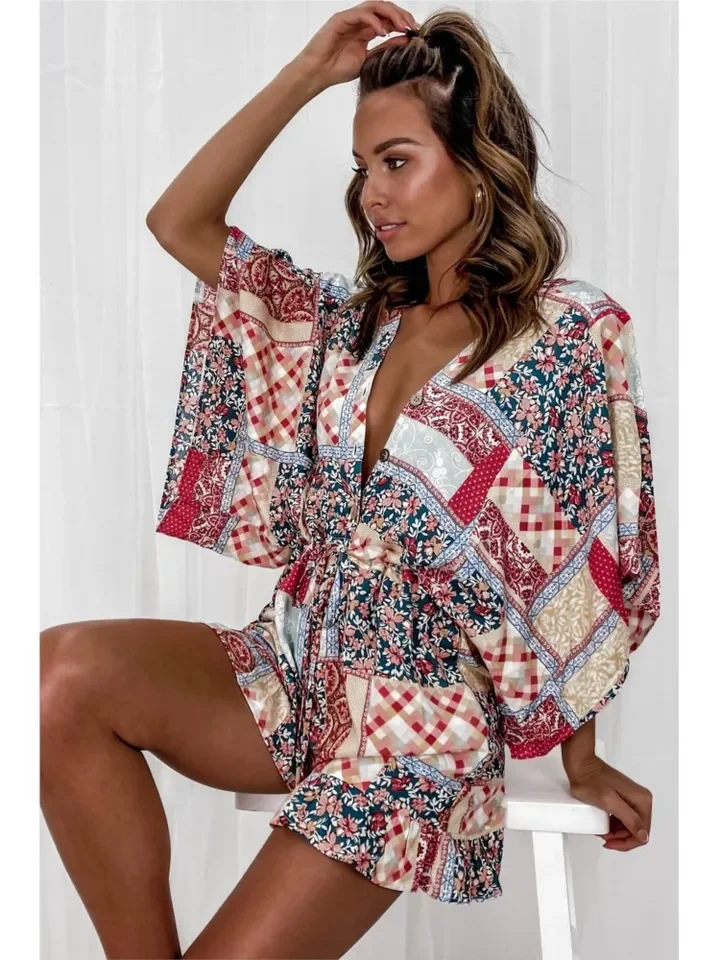 

New Summer Women's Fashionable Printed Sexy V-neck Ruffled Short Sleeved Lace Up Waist Cinching Loose Casual Jumpsuit Shorts