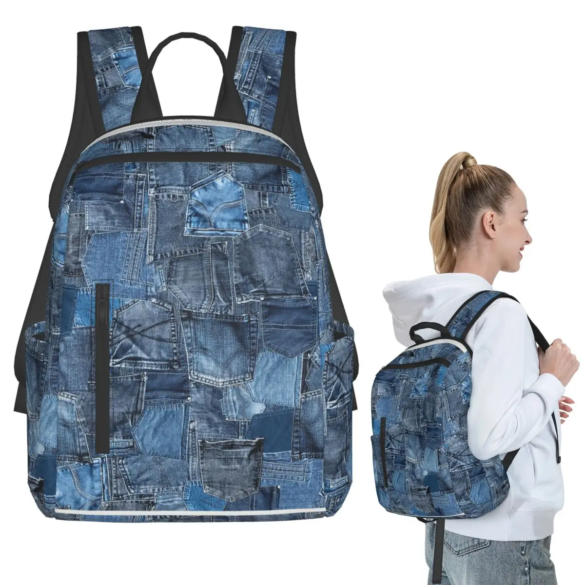 Blue Denim Jeans Pocket Patchwork Backpack Student BookBag Boys Girls School Bag Laptop Shoulder Bags Men Women