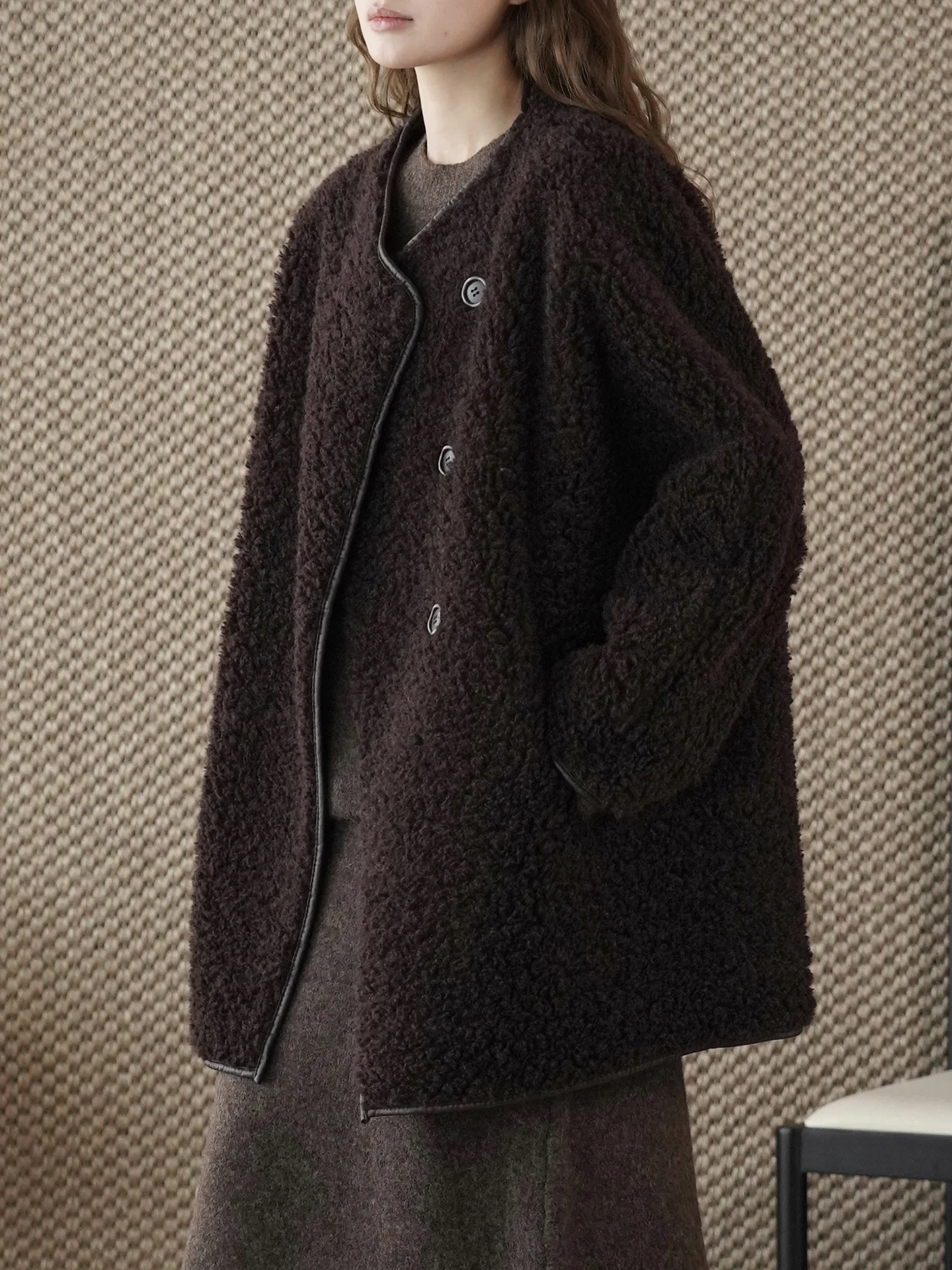 

Winter new Korean version lazy slanted placket button design plush lamb wool loose wool jacket for women