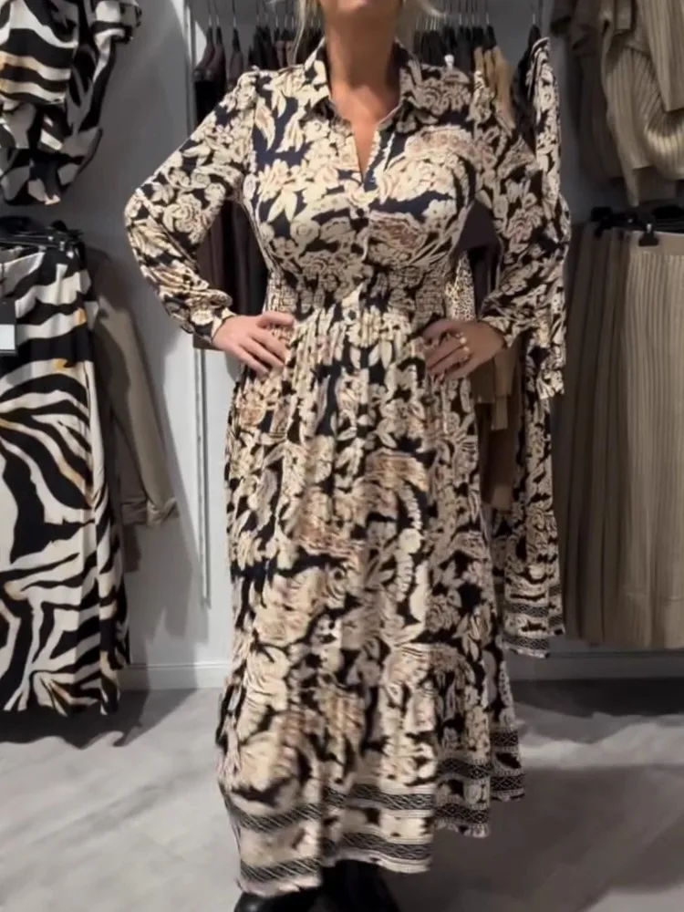 Robe ample imprimée pour femmes, mode, manches longues, col rabattu, boutons, décontractée, vacances, vêtements pour femmes, nouvelle collection printemps