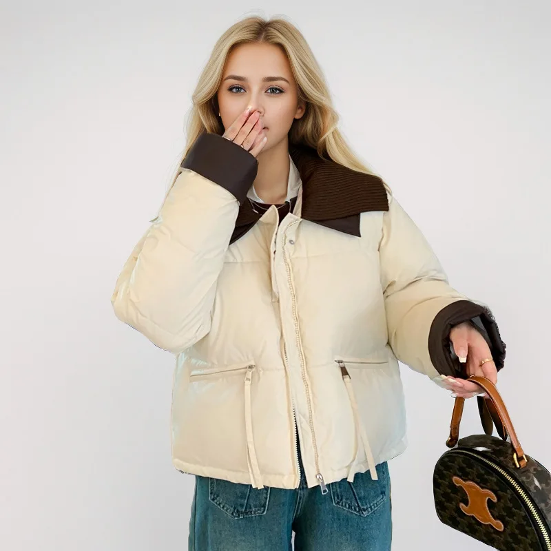 Verdikte dames winter gewatteerde jas Kleur geblokkeerde gebreide reverskraag PU-leer Damesjas Veelzijdige jas met panelen voor dames