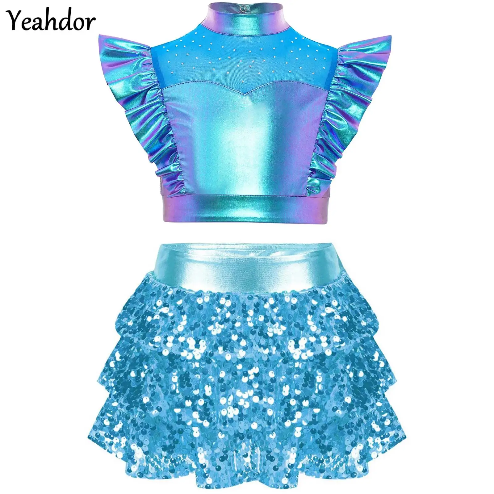 

Girls Sequin Jazz Street Dance Outfit Sleeveless Mesh Metallic Crop Top with Tiered Skirt Culottes Hip-hop Cheerleading Costumes