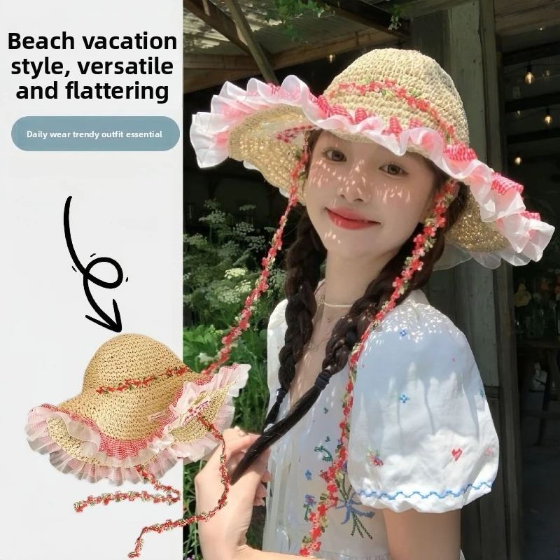 UV Protection Women s Summer Straw Hat Colorful Butterfly Decor Lace Trim Large Brim Sun Protective for Beach Vacation Use