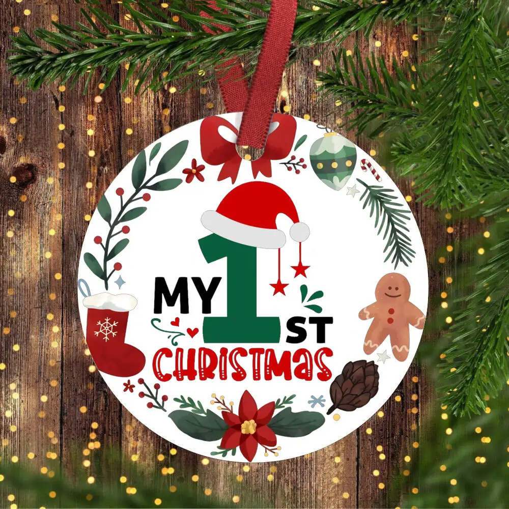 My First Christmas Family Christmas Round Ornaments Handmade Winter Reindeer Tree Room Door Hanger Pendant Decoration