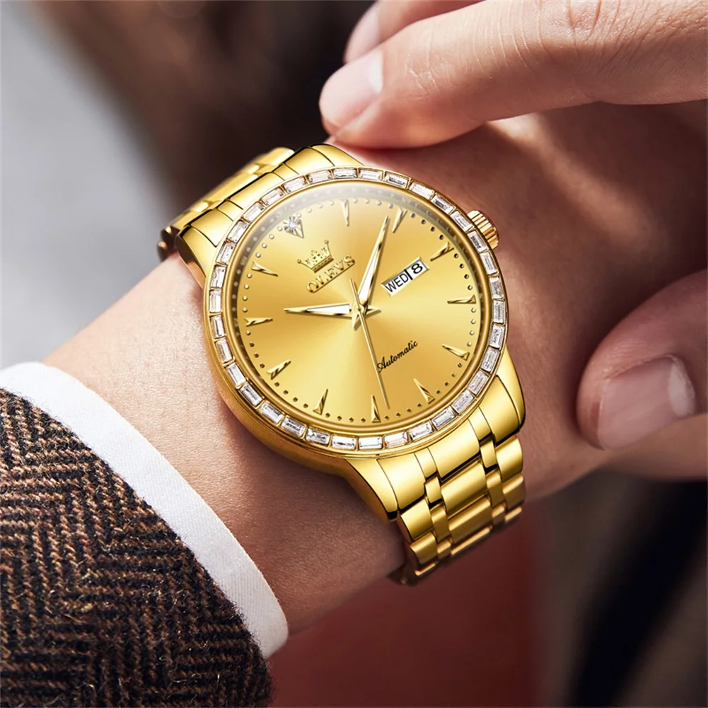 

OLEVS Diamond Мужские часы Элитный бренд Дата Золотые автоматические механические часы из нержавеющей стали Мужские деловые Relogio Masculino