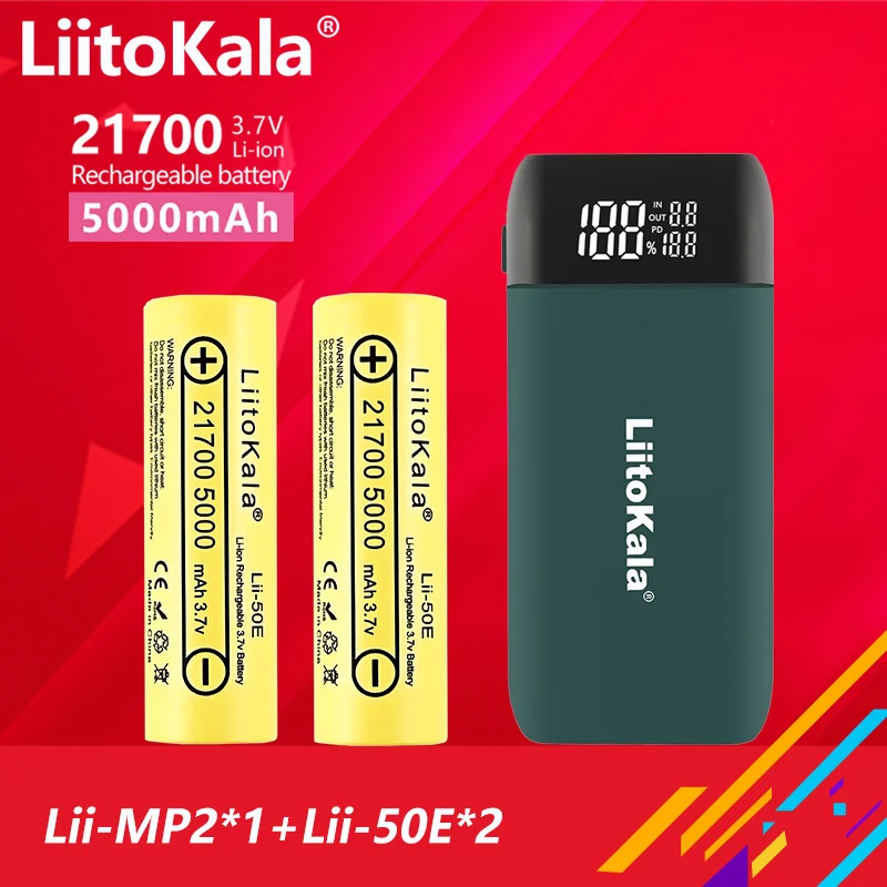 LiitoKala Lii-MP2 18650 21700 Charger&Power Bank QC3.0 Input/Output Digital Display.+ 2PCS 21700 Rechargeable Battery