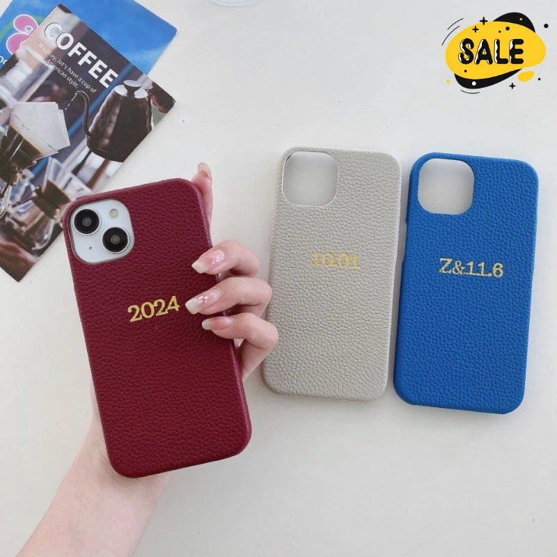 

Engraved Stamped Number Genuine Leather Lychee Pattern Phone Case for Iphone 15 14 13 Pro Max Plus 13 Mini Protector Cover