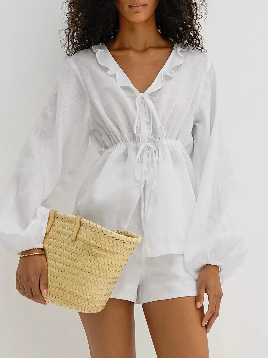 

Two Piece Set Women Outfit 2025 Summer Slightly Transparent White V-Neck Long Sleeve Lace Up Top & Casual High Waist Shorts Set