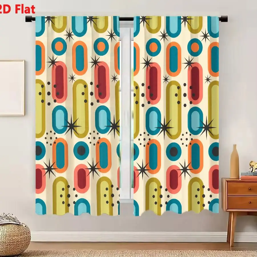 2Pcs Curtains 2D Flat Mid-Century Modern Retro Geometric Pattern Light Beige Background With Teal Orange Maroon Ovals Mustard Ol