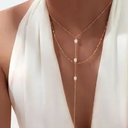 Exquisite Double Layer Imitation Pearl Y-shaped Tassel Necklace for Women Stainless Steel Fashion Choker Necklaces Jewelry Gifts