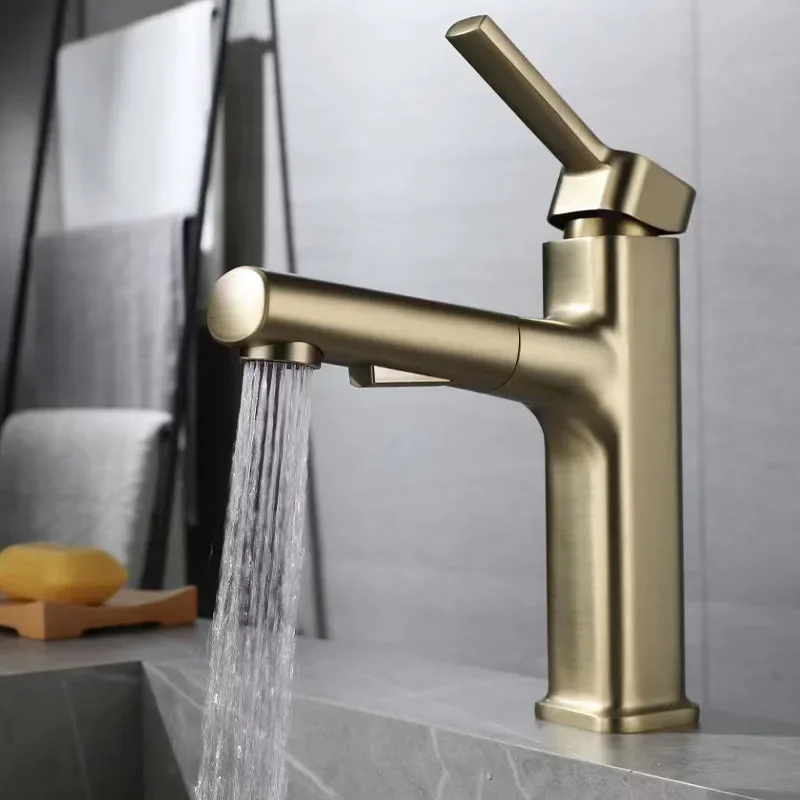 Brushed Gold Pull-out Bathroom Sink Faucet Brass Deck Installation Hot And Cold Mixed Water Basin Faucet 360 Degree Rotating