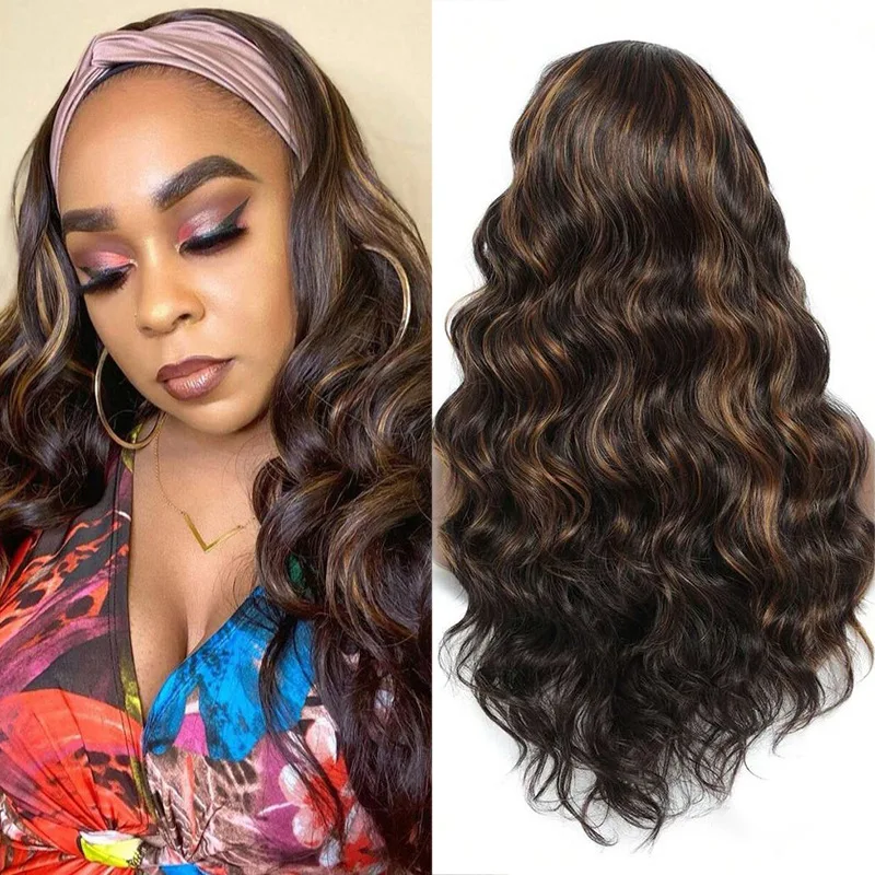 

European and American Women's Black Hair Tie Long Wavy Hair Brown Mixed Color Synthetic Fiber Wig