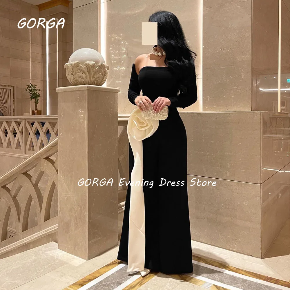 GORGA Black 3D Flowers StraplessMermaid 2024 Slim Crepe Long Sleeve Ocassion Gown Floor-Length Formal Evening Dress