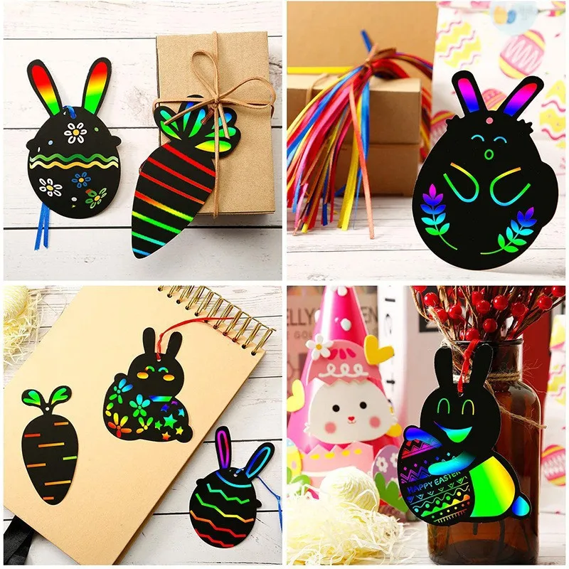 12pcs Easter Magic Scratch Paint Easter Eggs Crafts DIY for Making Holiday Gifts Egg Basket Fillers Party Decorations