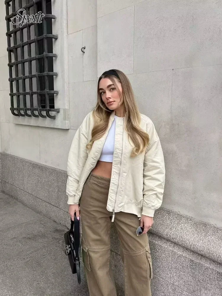 Jaquetas bomber femininas de gola Stand, casaco feminino de manga comprida, outerwear de bolso sólido, zíper branco, streetwear casual, novo, outono, 2024