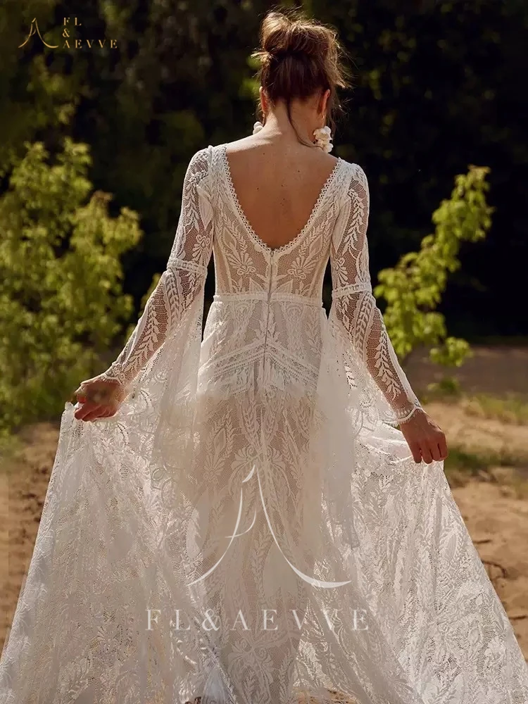 FL & AEVVE فستان زفاف أنيق من الدانتيل البوهيمي المدنية بأكمام طويلة مخصصة فستان زفاف هيبي كروشيه فستان غاتسبي Elvish رداء #4