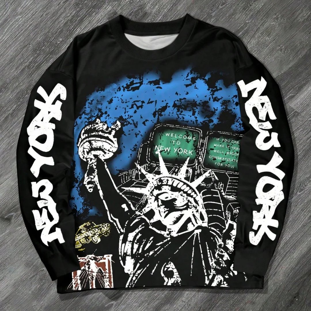 Herren Sommer T-Shirt Vintage Graffiti-Druck Rundhals Langarm Locker Sitzendes Streetwear-Shirt Retro-Kunst Lässiges Hip-Hop Mode-Oberteil – Detail 6