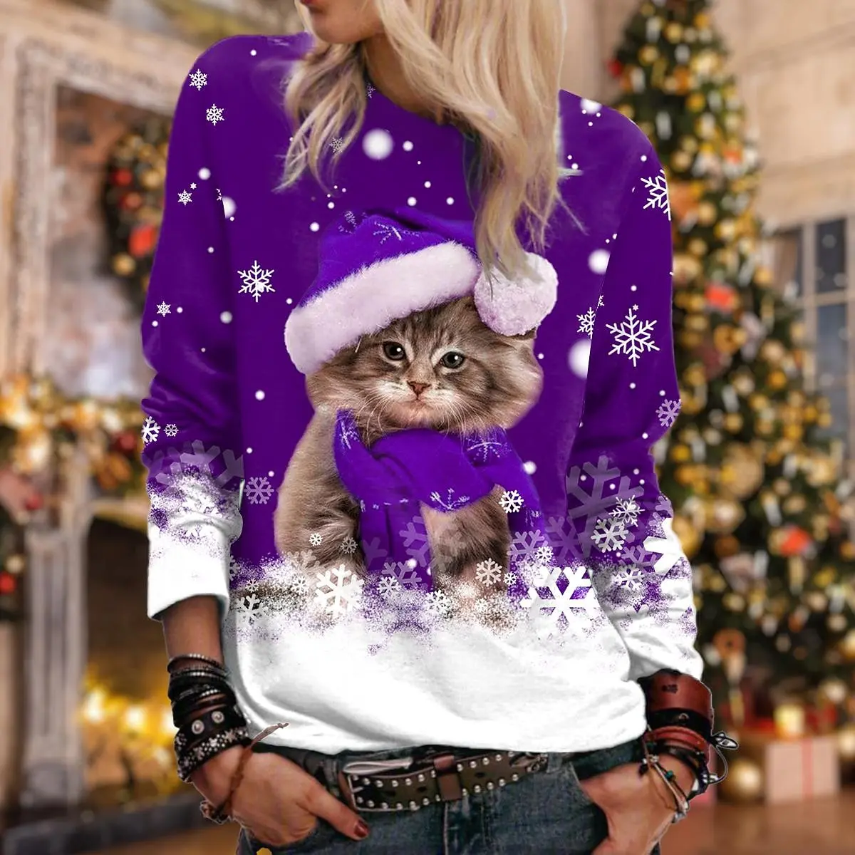 Sudadera con estampado navideño de gato para mujer, ropa deportiva informal de manga larga con cuello redondo, S-3XL Micro elástico