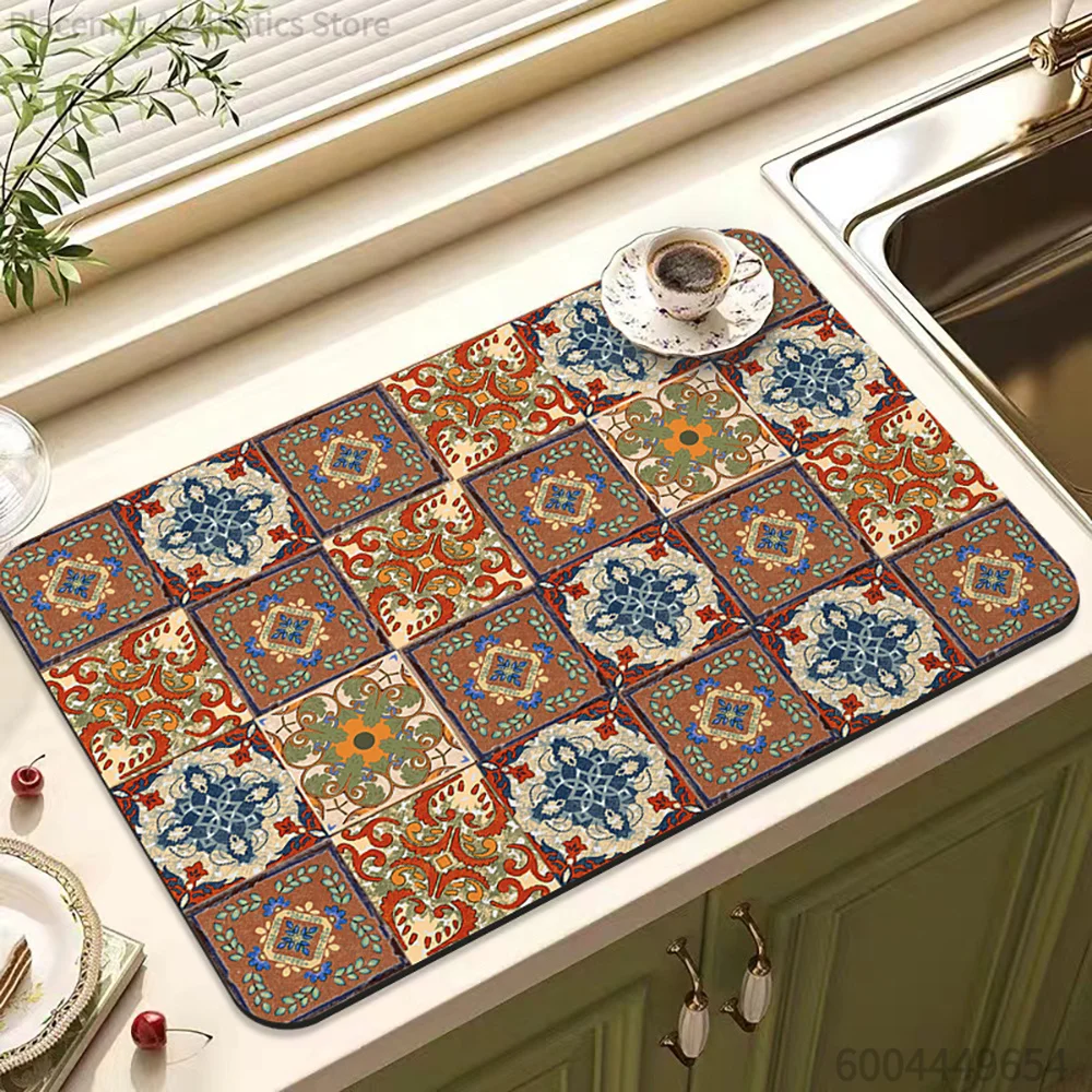 Retro Ethnic Tile Oriental Ink Art Print Super Absorbent Drying Mat Waterproof Kitchen Counter Drain Pad Decor Placemat