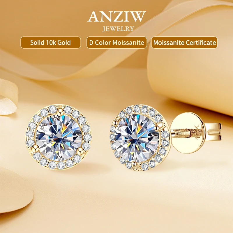 

Anziw 5mm 0.5ct Moissanite Real 10K Gold Halo Stud Earrings for Women Screw Back Piercing Ear Earrings Certified Gold Jewelry