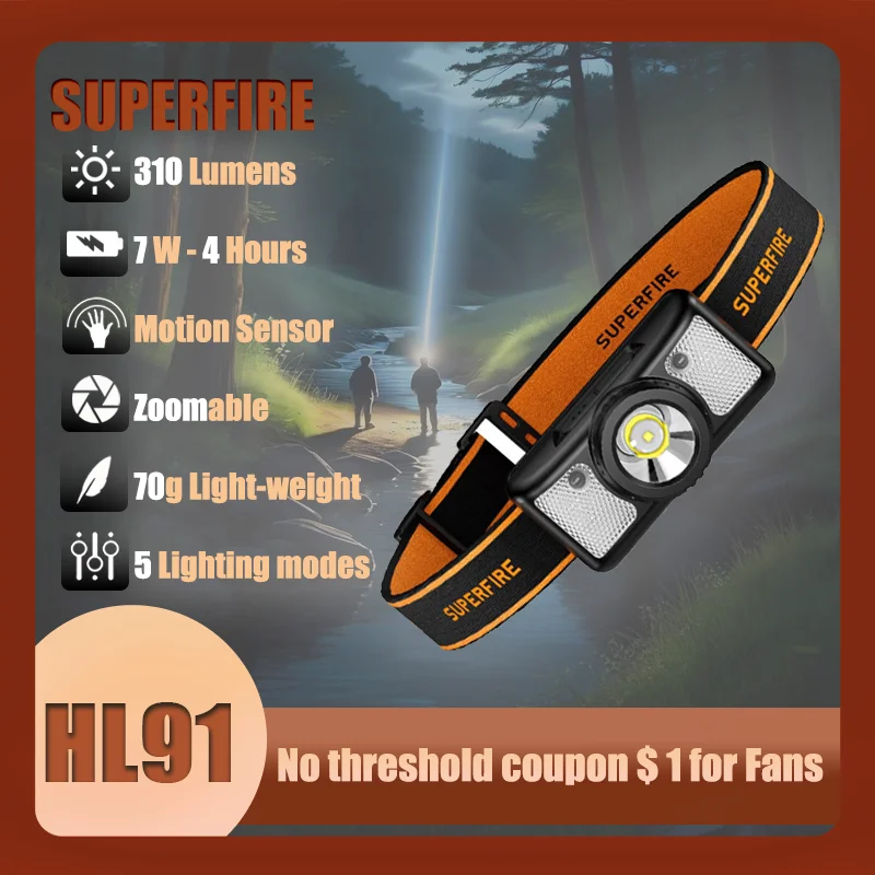 

SUPERFIRE HL91 310LM LED Sensor Zoom Head Flashlight USB-C Rechargeable Head Lamp Fishing Waterproof Super bright campingLantern