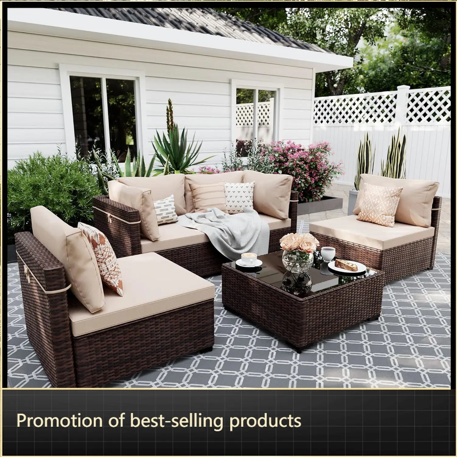 

5 Pieces Patio Furniture Sets, Wicker Outdoor Sectional Sofa Couch with Coffee Table, Patio Conversation Set for Deck Backyard