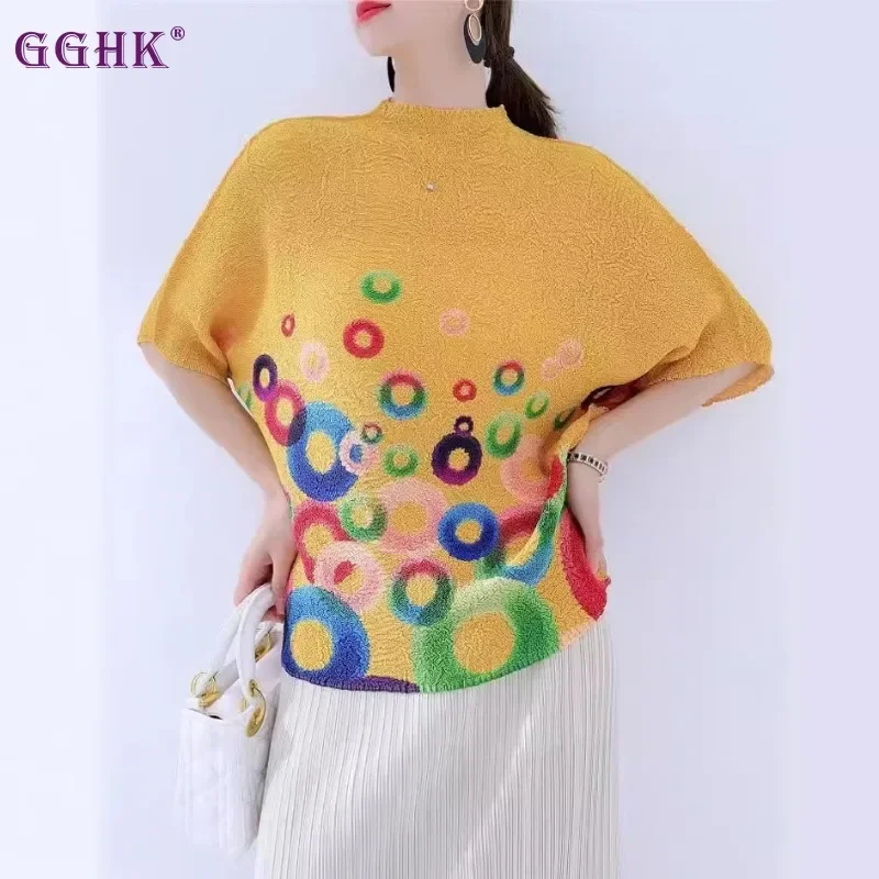 GGHK Pleated Women Casual T-Shirt 2025 Spring Summer New Round Neck Bat Sleeve Pattern Printed Design Loose Fashion Tops