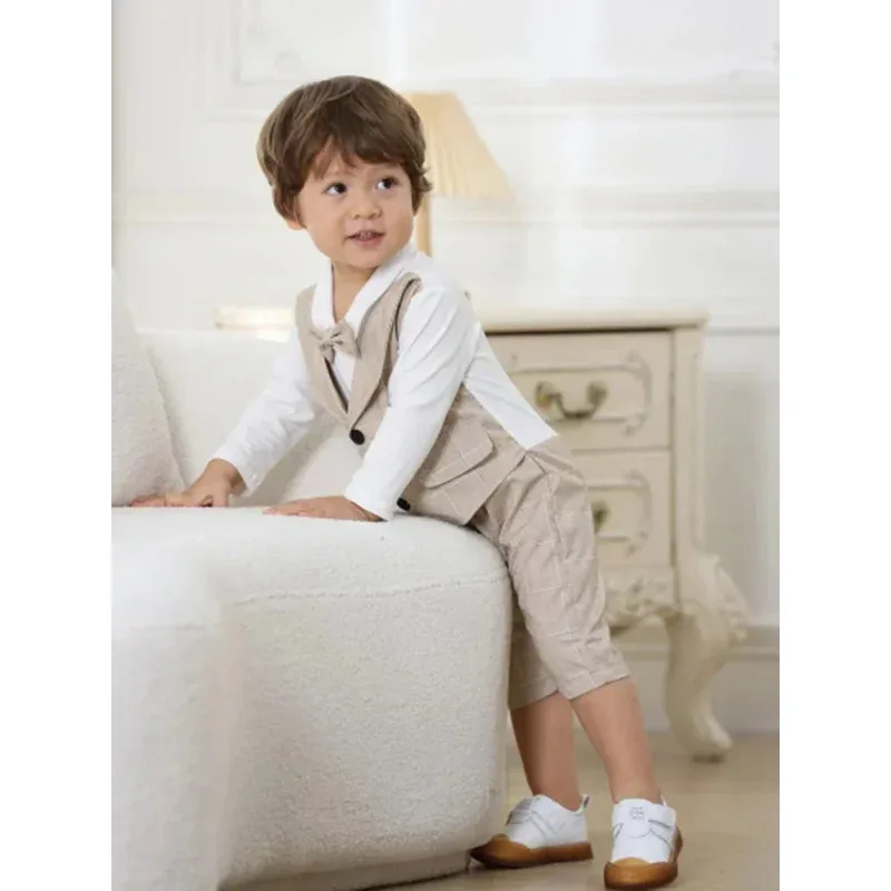 Abito da anniversario formale per neonato Gilet da ragazzo Pagliaccetto Abito scozzese per neonato Abbigliamento Set da 2 pezzi Completo da festa in cotone per bambino 3-24 M