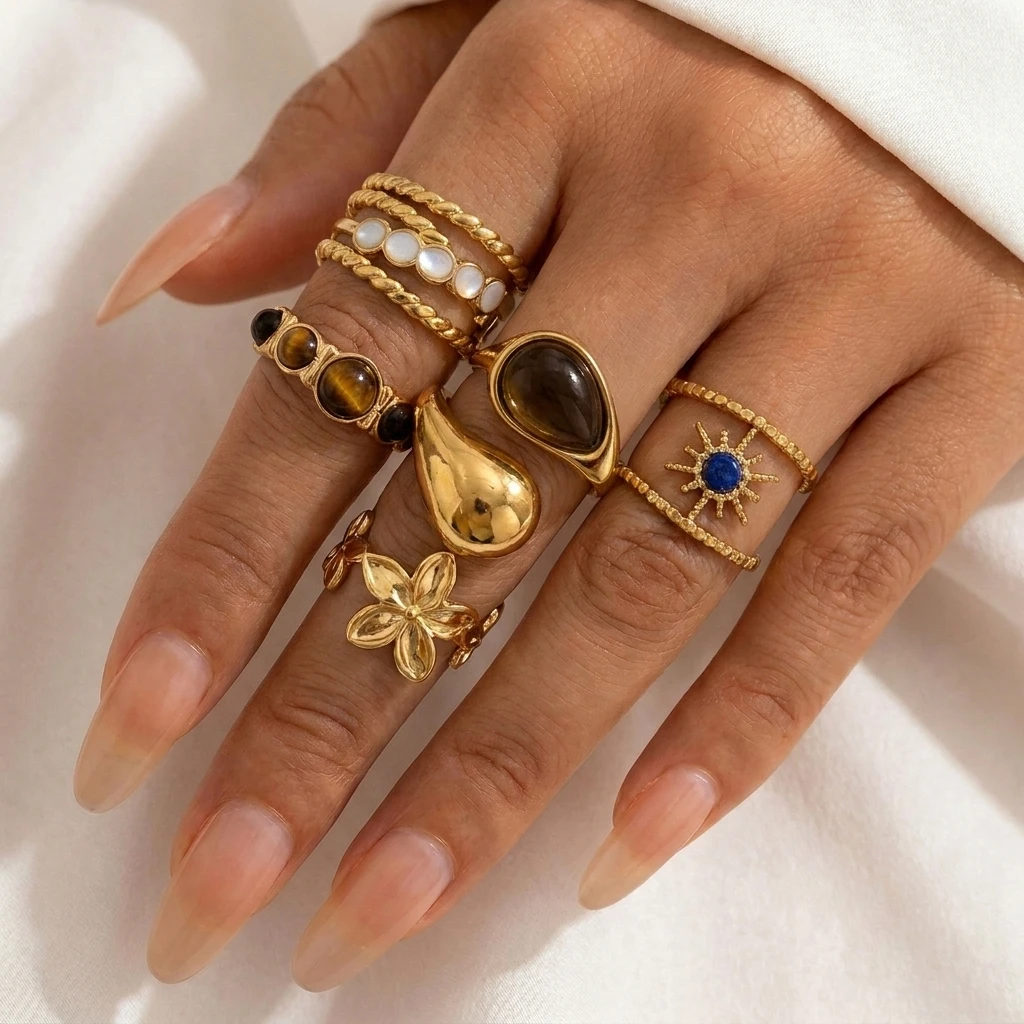 Edelstahl Vintage Blumen Geometrischer Ring für Frauen, Vergoldet mit Tigerauge, Lapislazuli, Muschel, Wassertropfen Fingerring, Böhmischer Schmuck